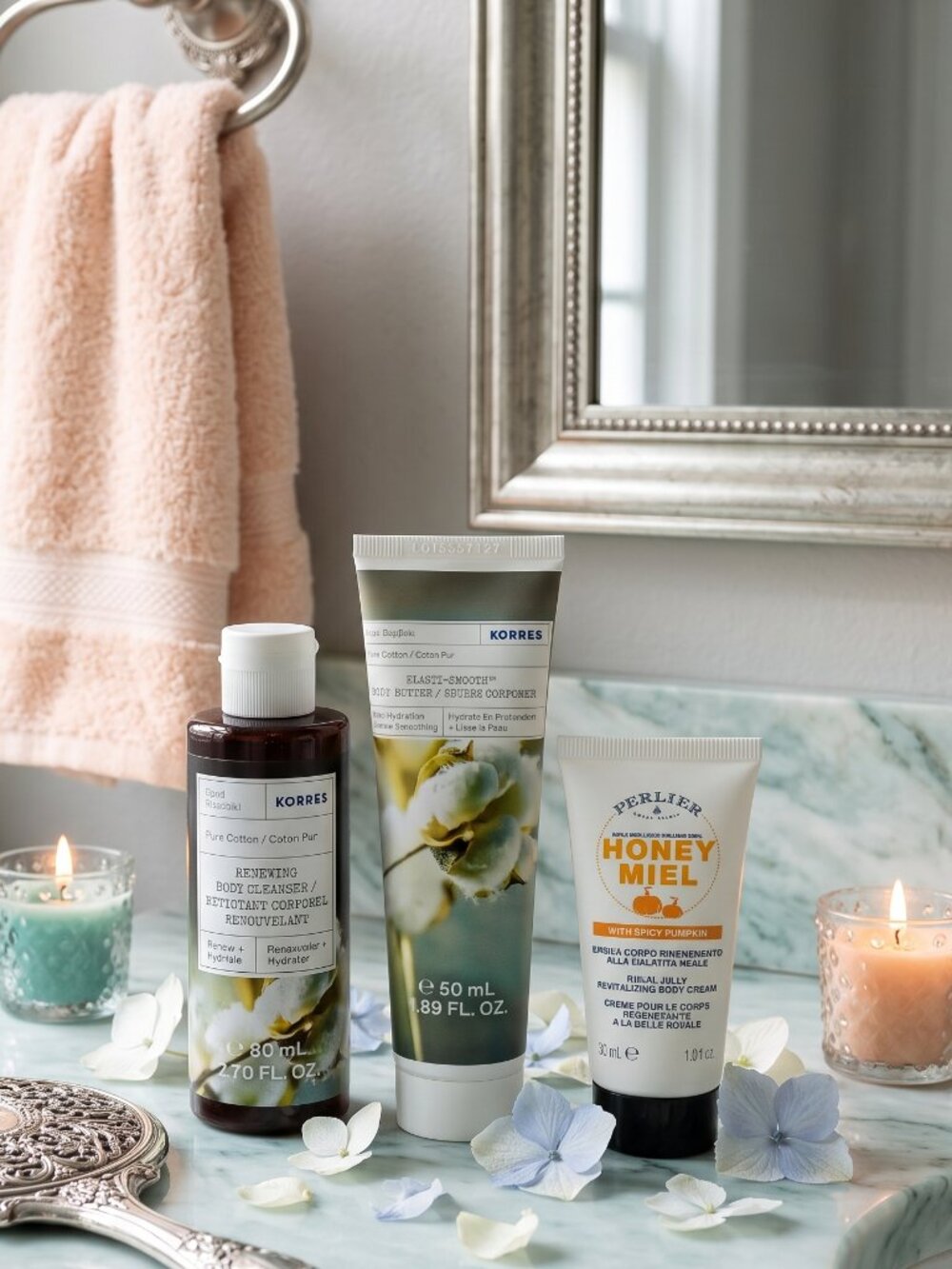 Korres Pure Cotton Body Cleanser & Body Butter & Perlier Honey Miel Body Cream